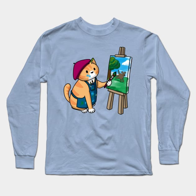 Cat artist easel beret Long Sleeve T-Shirt by Doodlecats 